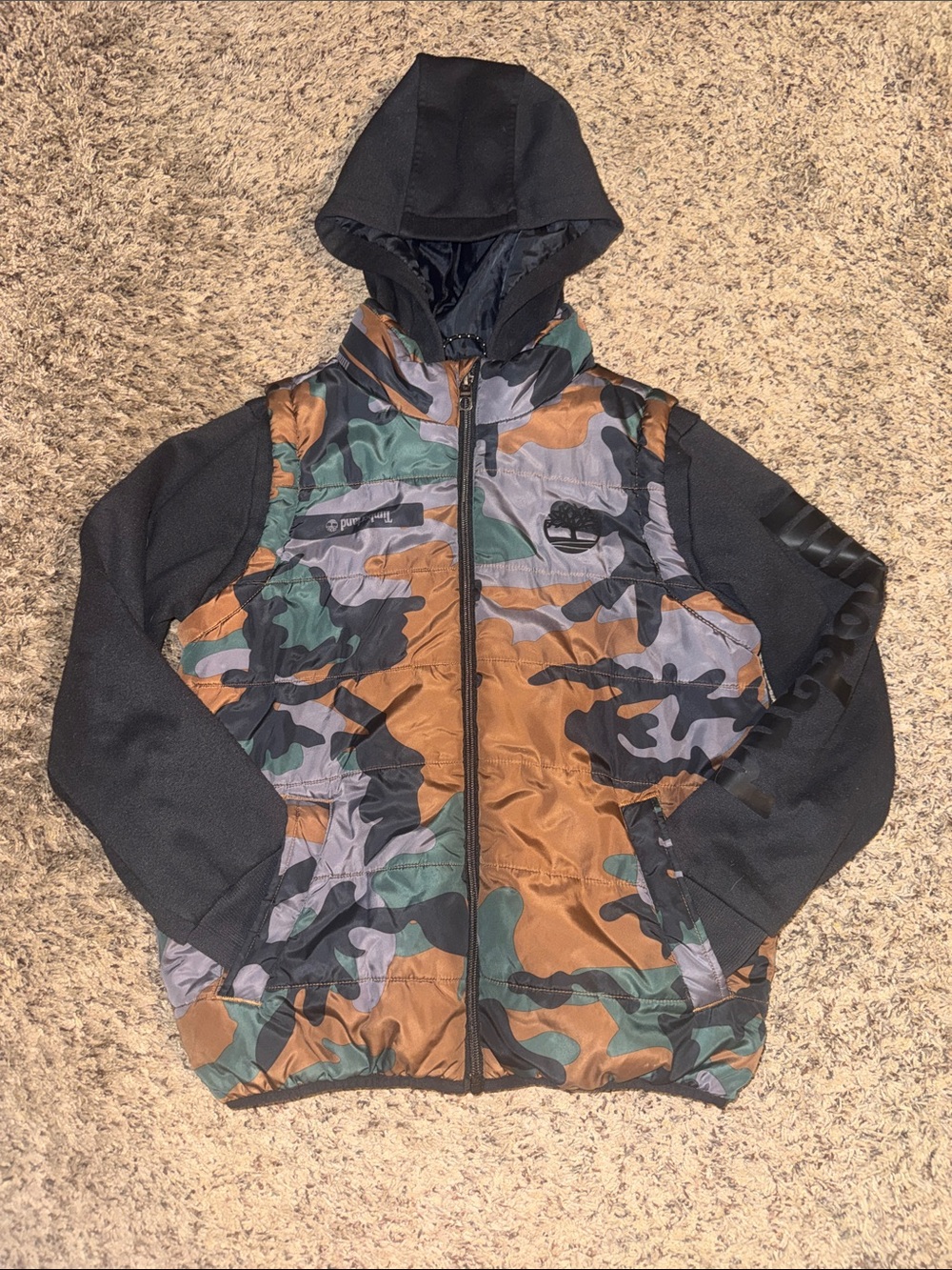 Timberland Camo Quilted Hooded Jacket with Black Sleeves